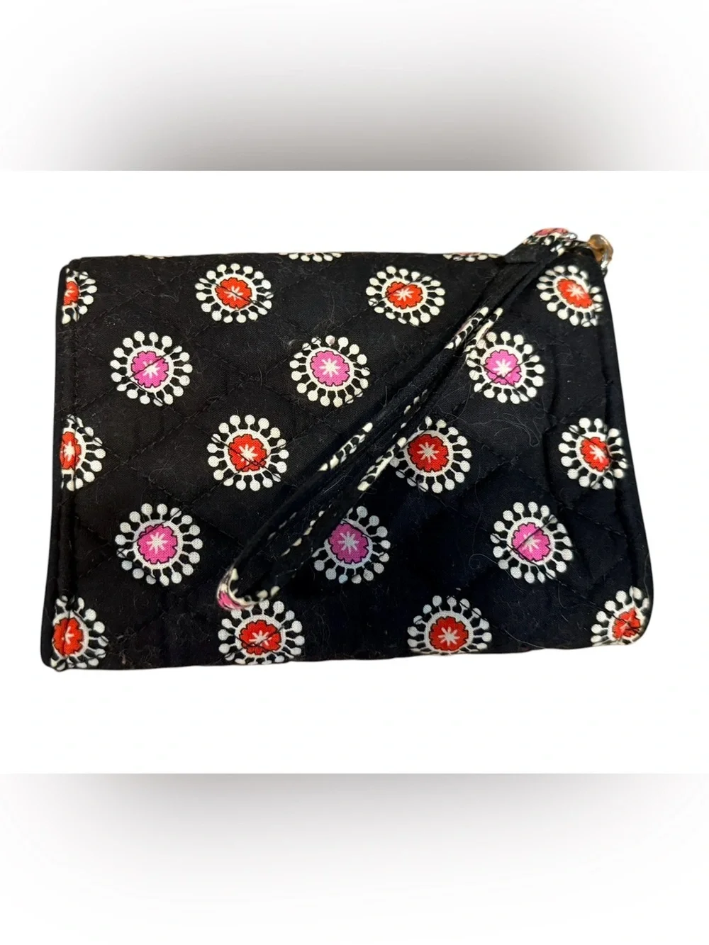 Vera Bradley Parisian Pom Poms Turn Lock Wristlet Wallet Black Floral Clutch